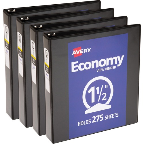 Avery® Economy View Binder - 1 1/2" Binder Capacity - Letter - 8 1/2" x 11" Sheet Size - 275 Sheet Capacity - 3 x Round Ring Fastener(s) - 2 Internal Pocket(s) - Vinyl, Chipboard - Black - Gap-free Ring, Exposed Rivet, Non Locking Mechanism, Clear Ove