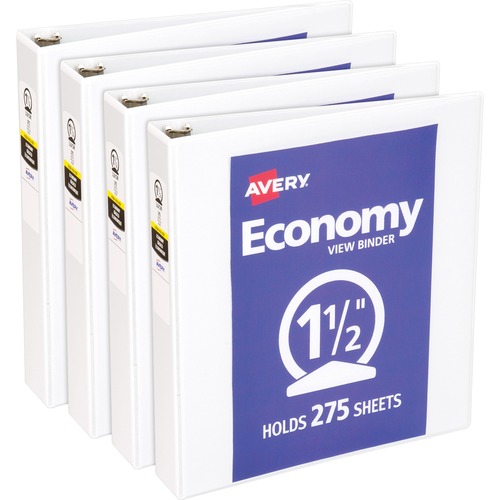 Avery® Economy View Binder - 1 1/2" Binder Capacity - Letter - 8 1/2" x 11" Sheet Size - 275 Sheet Capacity - Fastener(s): 3 x Round Ring - Pocket(s): 2, Internal - Vinyl, Chipboard - White - Gap-free Ring, Exposed Rivet, Non Locking Mechanism, Clear 