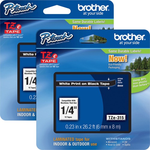 Brother P-touch TZe Laminated Tape Cartridges - 1/4" Width - Rectangle - White - 2 / Bundle - Water Resistant - Grease Resistant, Grime Resistant, Temperature Resistant, Adhesive