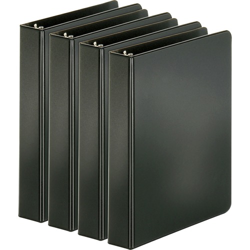 Business Source Basic Round Ring Binders - 1" Binder Capacity - 240 Sheet Capacity - 3 x Round Ring Fastener(s) - Inside Front & Back Pocket(s) - Chipboard, Polypropylene - Black - Exposed Rivet, Sturdy, Open and Closed Triggers - 4 / Bundle