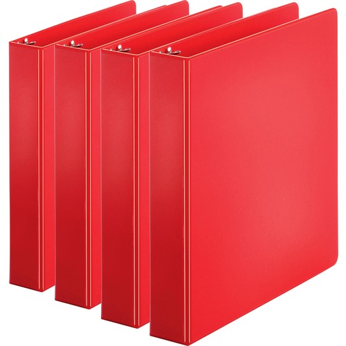 Business Source Basic Round Ring Binders - 1 1/2" Binder Capacity - Letter - 8 1/2" x 11" Sheet Size - 350 Sheet Capacity - 3 x Round Ring Fastener(s) - Internal Pocket(s) - Chipboard, Polypropylene - Red - 1.02 lb - Exposed Rivet, Sturdy - 4 / Bundle