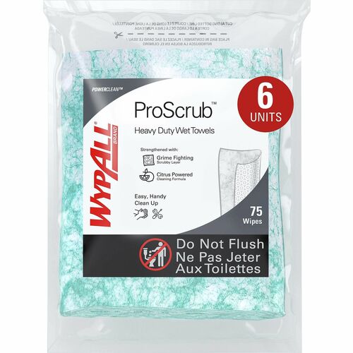 Wypall PowerClean ProScrub Heavy Duty Wet Towels - Orange Citrus Scent - 12" Length x 9.50" Width - 75 / Bag - 450 / Carton - Alcohol-free, Pre-moistened, Soft - Green