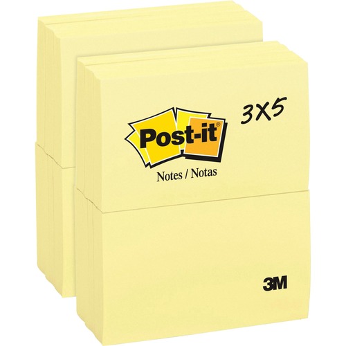 Post-it® Notes Original Notepads - 3" x 5" - Rectangle - 100 Sheets per Pad - Unruled - Canary Yellow - Paper - Self-adhesive, Repositionable - 24 / Bundle