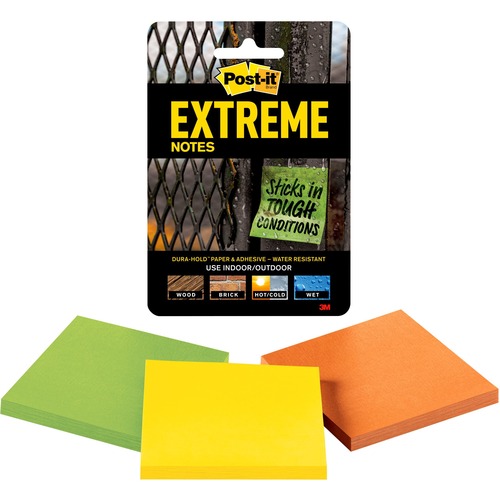Post-it® Extreme Notes - 3" x 3" - Square - 45 Sheets per Pad - Green, Yellow, Orange - Self-adhesive - 135 / Pack