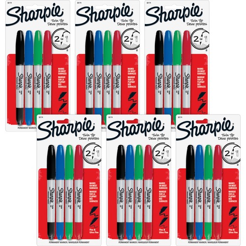 Sharpie Twin Tip Permanent Markers - Ultra Fine, Fine Marker Point - 0.3 mm, 1 mm Marker Point Size - Red, Green, Blue, Black Alcohol Based Ink - 6 / Bag