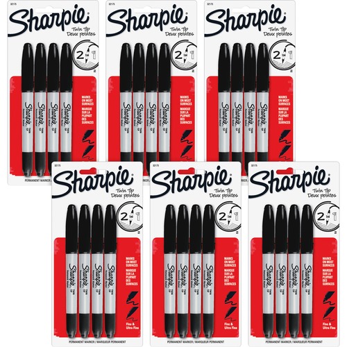 Sharpie Twin Tip Permanent Markers - Fine, Ultra Fine Marker Point - Black Alcohol Based Ink - 6 / Bag