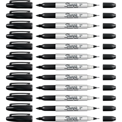 Sharpie Twin Tip Permanent Markers - Ultra Fine, Fine Marker Point - Black Alcohol Based Ink - 12 / Box