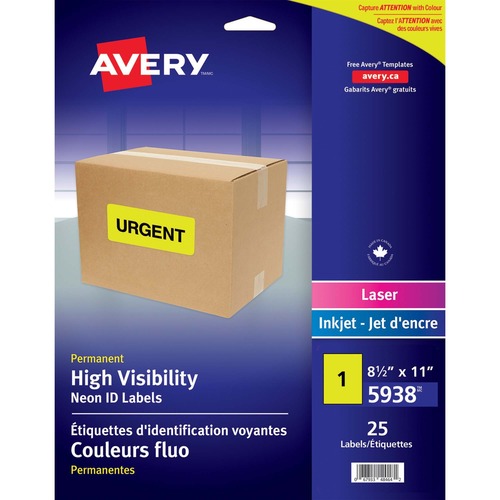 Avery® High Visibility Neon ID Labels - Permanent Adhesive - Rectangle - Inkjet, Laser - Neon Yellow - 25 / Sheet - 1 Total Sheets - 25 / Pack = AVE05938