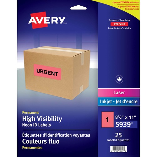 Avery® High Visibility Neon ID Labels - Permanent Adhesive - Rectangle - Inkjet, Laser - Neon Red - 25 / Sheet - 1 Total Sheets - 25 / Pack = AVE05939