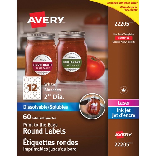 Avery® Dissolvable Print-to-the-Edge Round Labels - Permanent Adhesive - Round - Inkjet, Laser - White - 12 / Sheet - 5 Total Sheets - 60 / Pack - Residue-free = AVE22205