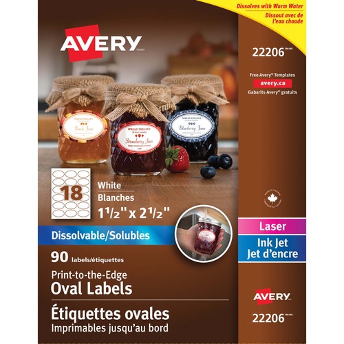 Avery® Dissolvable Print-to-the-Edge Oval Labels - Permanent Adhesive - Oval - Inkjet, Laser - White - 18 / Sheet - 5 Total Sheets - 90 / Pack - ID & Specialty Labels - AVE22206