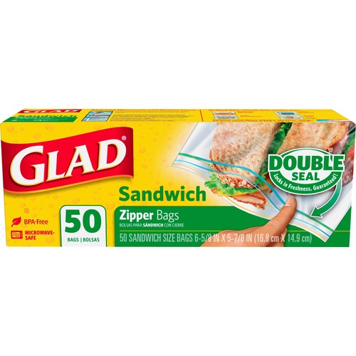 Glad Sandwich Zipper Bags - 6.63" (168.28 mm) Width x 5.88" (149.23 mm) Depth - Clear - 50/Box - Food, Sandwich, Multipurpose - Food Storage Bags/Wraps - CLO12615