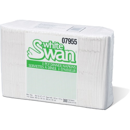 White Swan Single-Ply Dinner Napkins - 1 Ply - 8 Fold - 15" x 16" - White - Absorbent, Soft - For School, Hotel, Office, Food Service, Industry - 300 / Pack