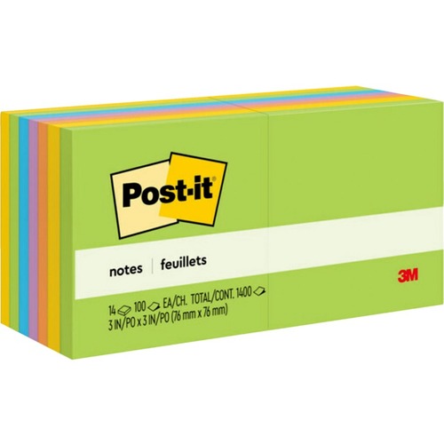 Post-it Plain Jaipur Notes - 3" x 3" - Square - 100 Sheets per Pad - 14 / Pack - Adhesive Note Pads - MMM65414AU