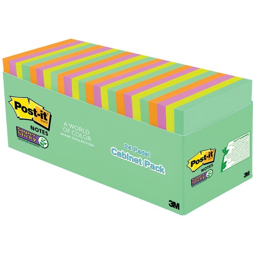 Post-it® Miami Super Sticky Notes Cabinet Pack - 3" x 3" - Square - 70 Sheets per Pad - Multicolor - 24 / Pack