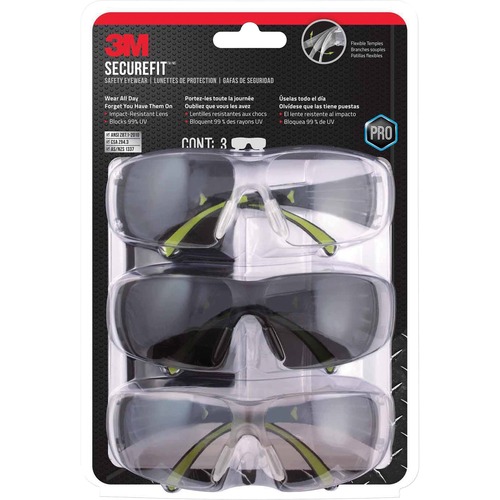 3M SecureFit Safety Eyewear - Anti-fog, Lightweight, Impact Resistant, Padded - Ear, UVA, UVB, Eye Protection - Assorted - 3 / Pack