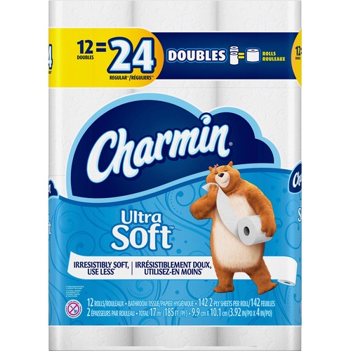 Charmin Ultra Soft Bathroom Tissue - 2 Ply - 142 Sheets/Roll - White - Absorbent, Clog-free, Septic-free, Soft - 12 / Pack