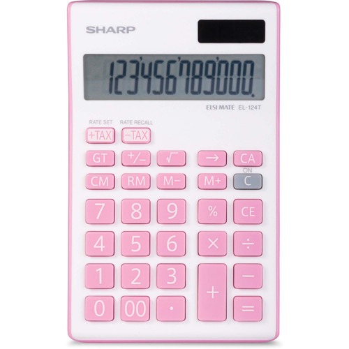 Sharp 12-Digit Desktop Calculator - Dual Power, Auto Power Off, Built-in Memory - 12 Digits - Battery/Solar Powered - 1" x 3.8" x 6.1" - Pink - 1 Each