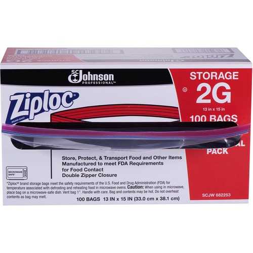 Ziploc® Double Zipper Gallon Storage Bags - Extra Large Size - 7.57 L Capacity - 13" (330.20 mm) Width x 15.63" (396.88 mm) Depth - 2.70 mil (69 Micron) Thickness - Clear - Plastic - 100/Carton - Food, Vegetables, Fruit, Cosmetics, Yarn, Business Card