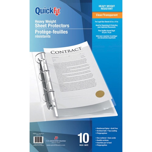 QuickFit Sheet Protector - For Legal 8 1/2" x 14" Sheet - 3 x Holes - Top Loading - Clear - Polypropylene - 10 / Pack