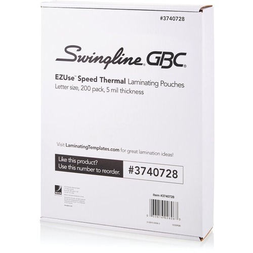 Swingline GBC EZUse Thermal Laminating Pouches - Sheet Size Supported: Letter 8.50" Width x 11" Length - Laminating Pouch/Sheet Size: 5 mil Thickness - Glossy - for Document - UV Resistant, Durable - Clear - 200 Pack
