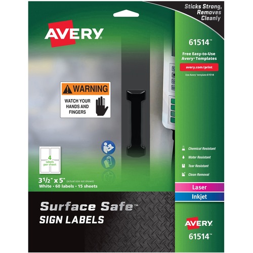 Avery® 3-1/2"x5" Removable Label Safety Signs - 3 1/2" Width x 5" Length - Removable Adhesive - Rectangle - Laser, Inkjet - White - Film - 4 / Sheet - 15 Total Sheets - 60 Total Label(s) - 5 - Water Resistant