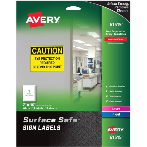 Avery® 7"x10" Removable Label Safety Signs - 7" Width x 10" Length - Removable Adhesive - Rectangle - Laser, Inkjet - White - Film - 1 / Sheet - 15 Total Sheets - 15 / Pack - Water Resistant