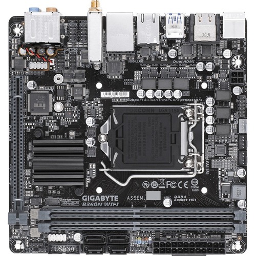 Gigabyte Ultra Durable B360N WIFI Desktop Motherboard - Intel B360 Chipset - Socket H4 LGA-1151 - Intel Optane Memory Ready - Mini ITX - Core i7 Processor Supported - 32 GB DDR4 SDRAM Maximum RAM - UDIMM, DIMM - 2 x Memory Slots - Gigabit Ethernet - HDMI 