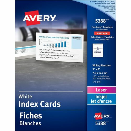 Avery® Index Cards, Uncoated, Two-Sided Printing, 3" x 5" , 150 Cards - 97 Brightness3" x 5" - 65 lb Basis Weight - 176 g/m² Grammage - 150 / Box - Printable, Jam-free, Smudge-free, Micro Perforated = AVE05388