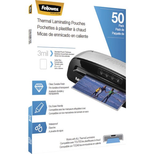 Fellowes Letter-Size Thermal Laminating Pouches - Sheet Size Supported: Letter 8.50" Width x 11" Length - Laminating Pouch/Sheet Size: 9" Width3 mil Thickness - Glossy - for Document - Photo-safe, Durable - Clear - 50 / Pack