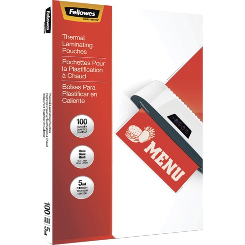 Fellowes Thermal Laminating Pouches - Menu, 5mil, 100 pack - Sheet Size Supported: Menu 11.50" (292.10 mm) Width x 17.50" (444.50 mm) Length - Laminating Pouch/Sheet Size: 11.50" Width5 mil Thickness - Glossy - for Document, Menu - Photo-safe, Durable - C - Laminating Supplies - FEL5746001