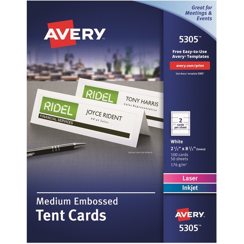 Avery® Medium Tent Cards - 97 Brightness - 2 1/2" x 8 1/2" - 65 lb (29483.50 g) Basis Weight - 176 g/m² Grammage - Embossed, Printable, Micro Perforated, Jam-free, Smudge-free, Heavyweight - White