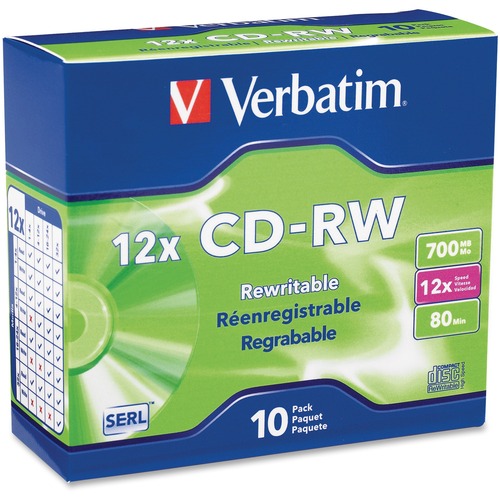 Verbatim 95156 CD Rewritable Media - CD-RW - 12x - 700 MB - 10 Pack Slim Case - 120mm - 1.33 Hour Maximum Recording Time