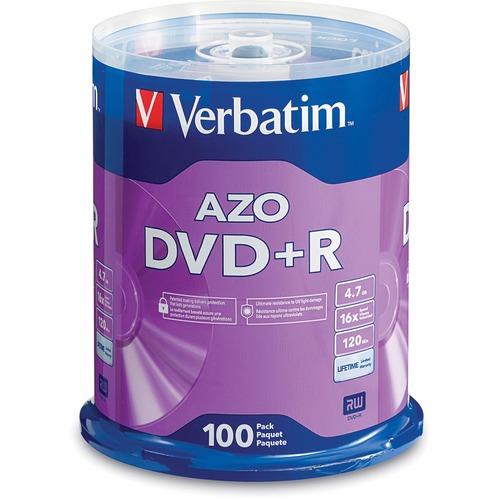 Verbatim AZO DVD+R 4.7GB 16X with Branded Surface - 100pk Spindle - 2 Hour Maximum Recording Time - DVD Media - VER95098