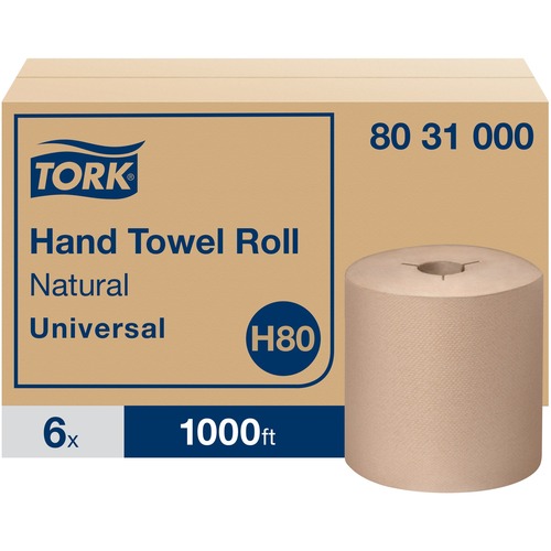 TORK Universal Hand Towel Roll - 1 Ply - 8" Width x 1000 ft Length - 7.80" Roll Diameter - 1 29/32" Core - Natural - Paper - 6