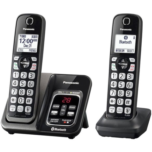 Panasonic Link2Cell KX-TGD562 Bluetooth/DECT 6.0 1.93 GHz Cordless Phone - Metallic Black - Cordless - Corded - 1 x Phone Line - 2 x Handset - Speakerphone - Answering Machine