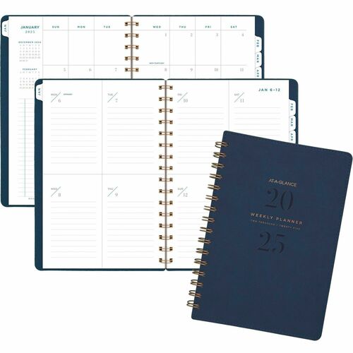 At-A-Glance Signature Collection Planner - Small Size - Julian Dates - Weekly, Monthly - 13 Month - January 2024 - January 2025 - 1 Week, 1 Month Double Page Layout - 5 1/2" x 8 1/2" White Sheet - Wire Bound - Blue - Paper, Faux Leather - Navy CoverBleed 