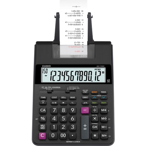 Casio HR-170RC Printing Calculator - Dual Power, Two-color Printing, Easy-to-read Display, Sign Change, Compact - 12 Digits - LCD - AC Supply/Battery Powered - 4 - AA - 2.6" x 6.5" x 11.6" - Black - Portable - 1 Each