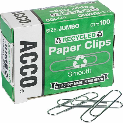 ACCO Recycled Paper Clips - Jumbo - 1.6" Length - 20 Sheet Capacity - for Paper - Reusable, Durable - 1000 / Pack - Silver