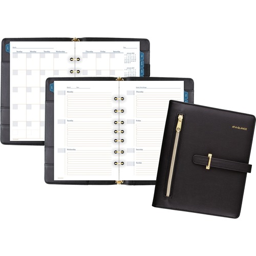At-A-Glance Buckle Closure Undated Desk Start Set - Julian Dates - Weekly, Monthly - 8:00 AM to 5:00 PM - 1 Month, 1 Week Double Page Layout - 5 1/2" x 8 1/2" Sheet Size - 7-ring - Buckle Closure - Desk - Black - Faux Leather - Reference Calendar, Tab Clo