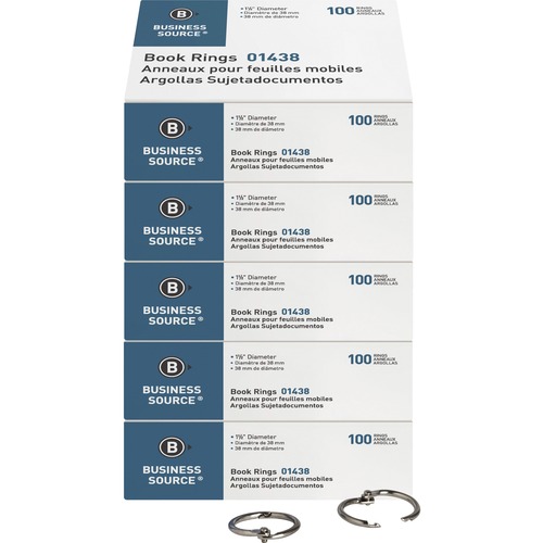 Business Source Standard Book Rings - 1.5" Diameter - Silver - Nickel Plated - 100/Box - 5 / Bundle