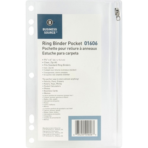 Business Source Punched Economy Binder Pocket - 9.5" Height x 6" Width - 7 x Holes - Ring Binder - Clear - Plastic - 1 Each