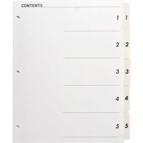 Business Source Table of Content Quick Index Dividers - Printed Tab(s) - Digit - 1-5 - 5 Tab(s)/Set - 8.50" Divider Width x 11" Divider Length - 3 Hole Punched - White Divider - White Mylar Tab(s) - 5 / Set = BSN05852