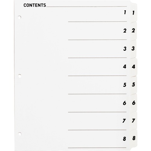 Business Source Table of Content Quick Index Dividers - Printed Tab(s) - Digit - 1-8 - 8 Tab(s)/Set - 8.50" Divider Width x 11" Divider Length - 3 Hole Punched - White Divider - White Mylar Tab(s) - 8 / Set = BSN05853