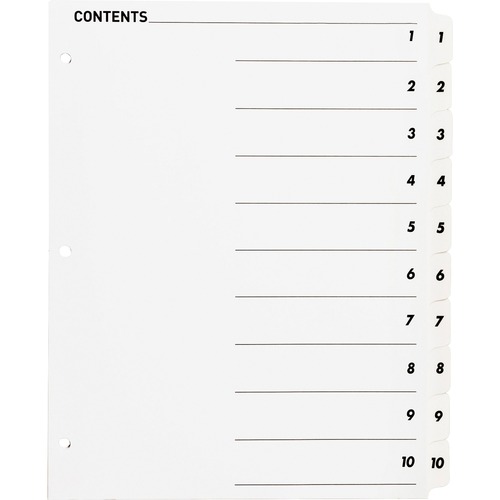 Business Source Table of Content Quick Index Dividers - Printed Tab(s) - Digit - 1-10 - 10 Tab(s)/Set - 8.50" Divider Width x 11" Divider Length - 3 Hole Punched - White Divider - White Mylar Tab(s) - 10 / Set - Index Dividers - BSN05854