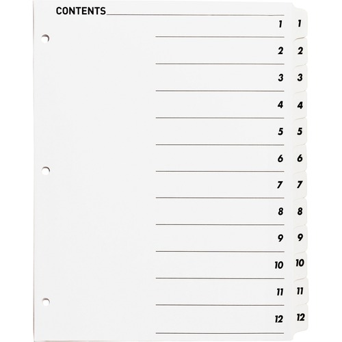 Business Source Table of Content Quick Index Dividers - Printed Tab(s) - Digit - 1-12 - 12 Tab(s)/Set - 8.50" Divider Width x 11" Divider Length - 3 Hole Punched - White Divider - White Mylar Tab(s) - 12 / Set = BSN05855