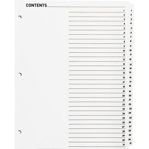 Business Source Table of Content Quick Index Dividers - Printed Tab(s) - Digit - 1-31 - 31 Tab(s)/Set - 8.50" Divider Width x 11" Divider Length - 3 Hole Punched - White Divider - White Mylar Tab(s) - 31 / Set = BSN05859