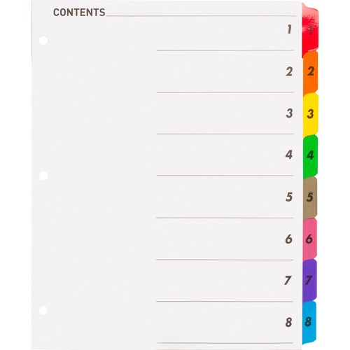 Business Source Table of Content Quick Index Dividers - Printed Tab(s) - Digit - 1-8 - 8 Tab(s)/Set - 8.50" Divider Width x 11" Divider Length - 3 Hole Punched - Multicolor Divider - Multicolor Mylar Tab(s) - 8 / Set - Copier/Laser/Inkjet Index Dividers - BSN21901