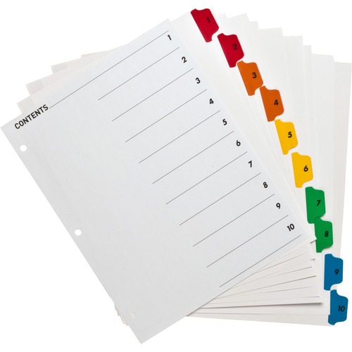 Business Source Table of Content Quick Index Dividers - Printed Tab(s) - Digit - 1-10 - 10 Tab(s)/Set - 8.5" Divider Width x 11" Divider Length - 3 Hole Punched - Multicolor Divider - Multicolor Mylar Tab(s) - 10 / Set