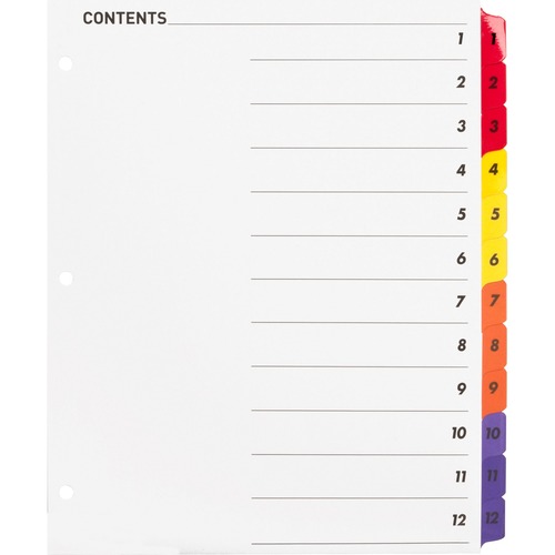 Business Source Table of Content Quick Index Dividers - Printed Tab(s) - Digit - 1-12 - 12 Tab(s)/Set - 8.5" Divider Width x 11" Divider Length - 3 Hole Punched - Multicolor Divider - Multicolor Mylar Tab(s) - 12 / Set